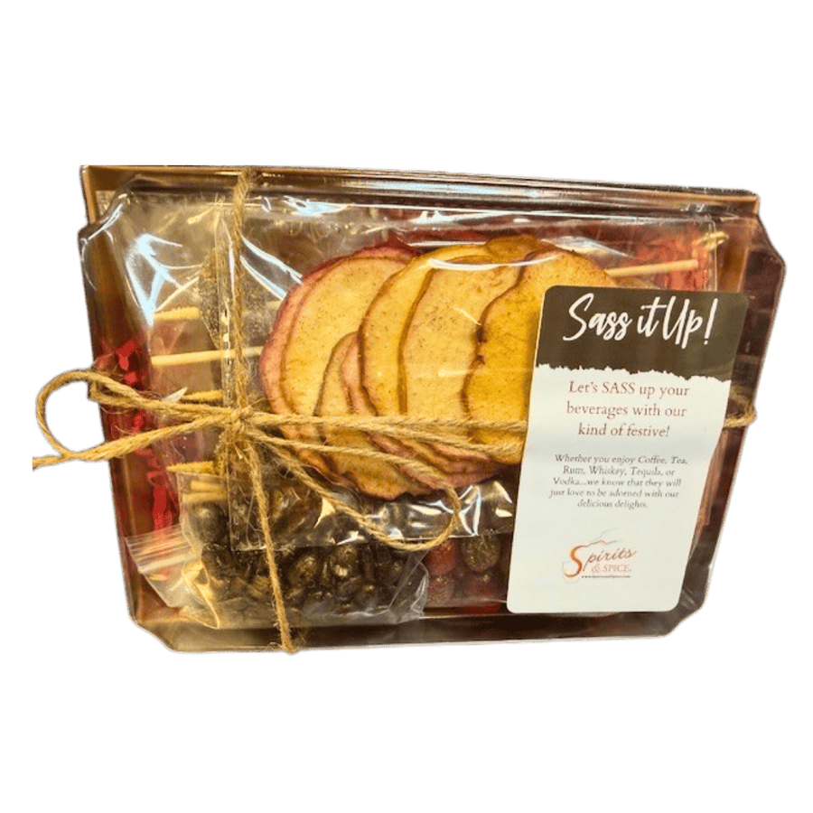 Packaged dried fruit and spice mix with a label on a white background
