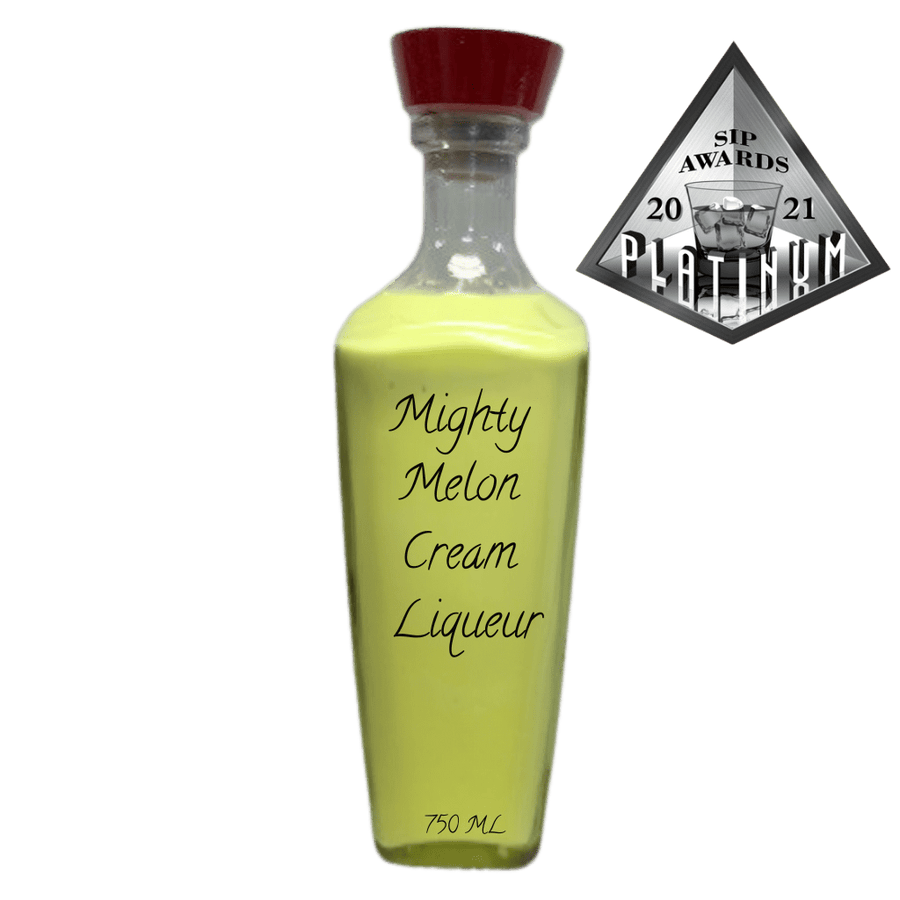 Bottle of 'Mighty Melon Cream Liqueur' with a red cap on a green background, featuring a Platinum Award badge.