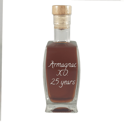 Armagnac XO 25 Year cognac in small bottle. Aged alcoholic drinks. Drinks from France or Paris.
