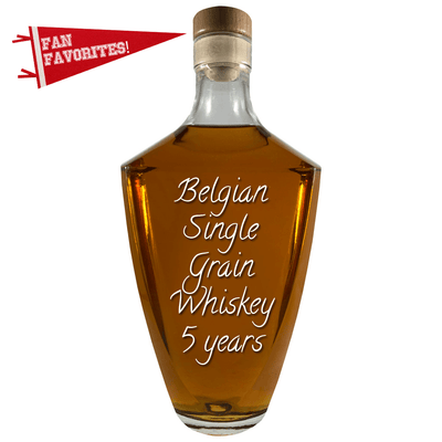 Belgian Single Grain Whiskey 5 Year in large bottle. Bar drinks. Spirits. Popular alcoholic drinks. Fruity drinks.