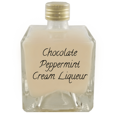 Chocolate Peppermint Cream Liqueur in small bottle. Hot cocoa alcohol. Drinks to make at home.