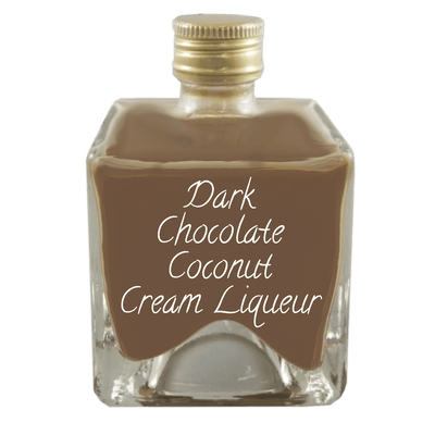 Dark Chocolate Coconut Cream Liqueur in small bottle. Fruity drinks. Drinks to make at home.
