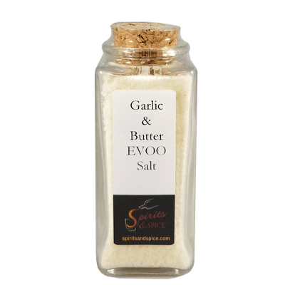 Garlic & Butter EVOO Salt in bottle. Spice for meat. Spice mix.
