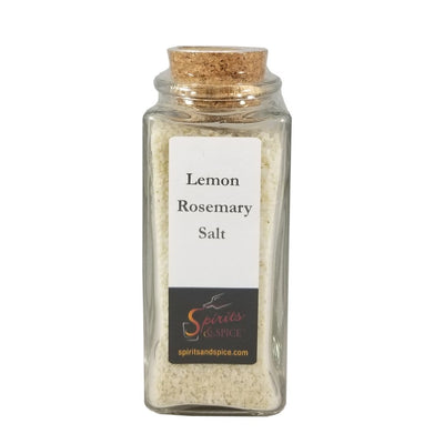 Lemon Rosemary Salt Spice Blends in bottle. Lemon zest. Rosemary. Seasoning sea salt.