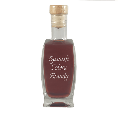 Spanish Solera Brandy in small bottle. Aged alcoholic drinks. Drinks from Spain.