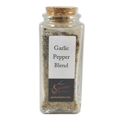 Garlic Pepper Blend in bottle. Spices for cooking. Spice mix. Garlic spices.