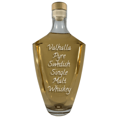 Valhalla Pyre Peated Swedish Single Malt Whiskey in large bottle. Popular alcoholic drinks.