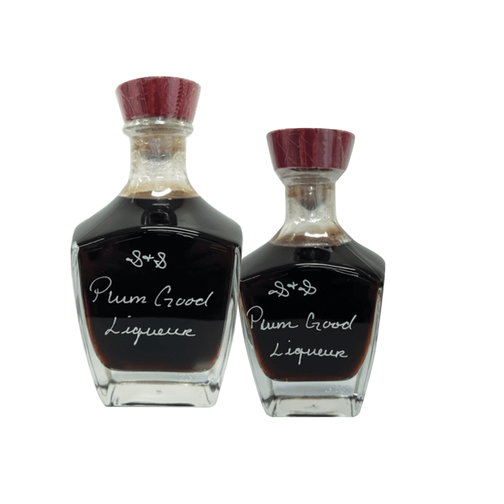 Plum Good Liqueur in two bottles. Best cocktails. Sweet liquor.