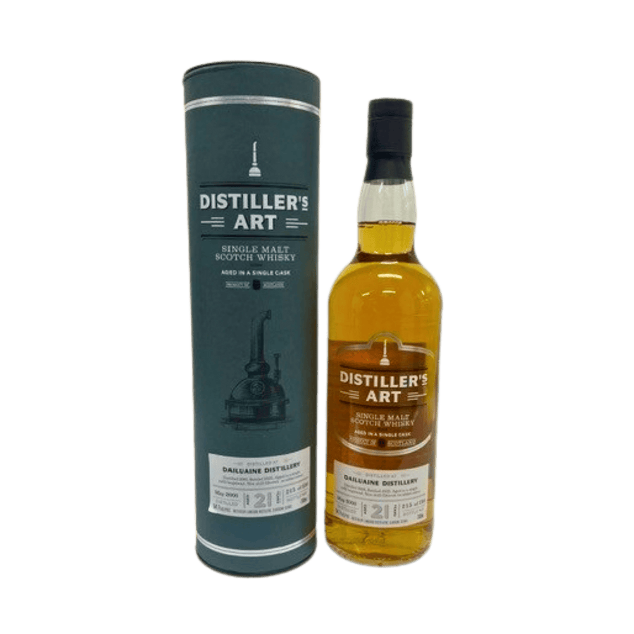 A bottle of Distiller's Art 12 Year Old Single Malt Scotch Whisky next to its dark teal cylindrical packaging box, set against a plain white background.
