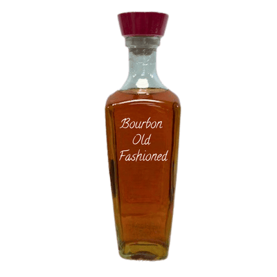 A clear glass bottle filled with amber-brown liquid, topped with a dark red cap, and labeled 'Bourbon Old Fashioned' in white script, shown on a plain white background.