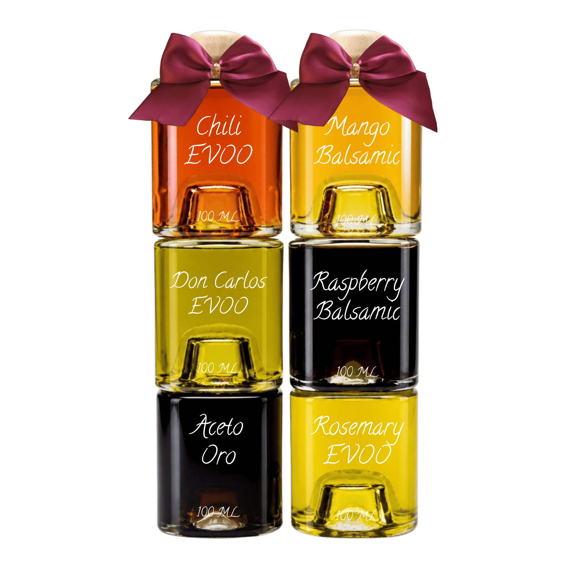 Six small glass bottles of EVOO balsams and oils arranged in a 2x3 grid on a white background. Each bottle has a dark bow on top and is labeled with the scent or type name in white script: Chili, Mango Balsamic, Don Carlos EVOO, Raspberry Balsamic, Aceto Oro, and Rosemary EVOO.