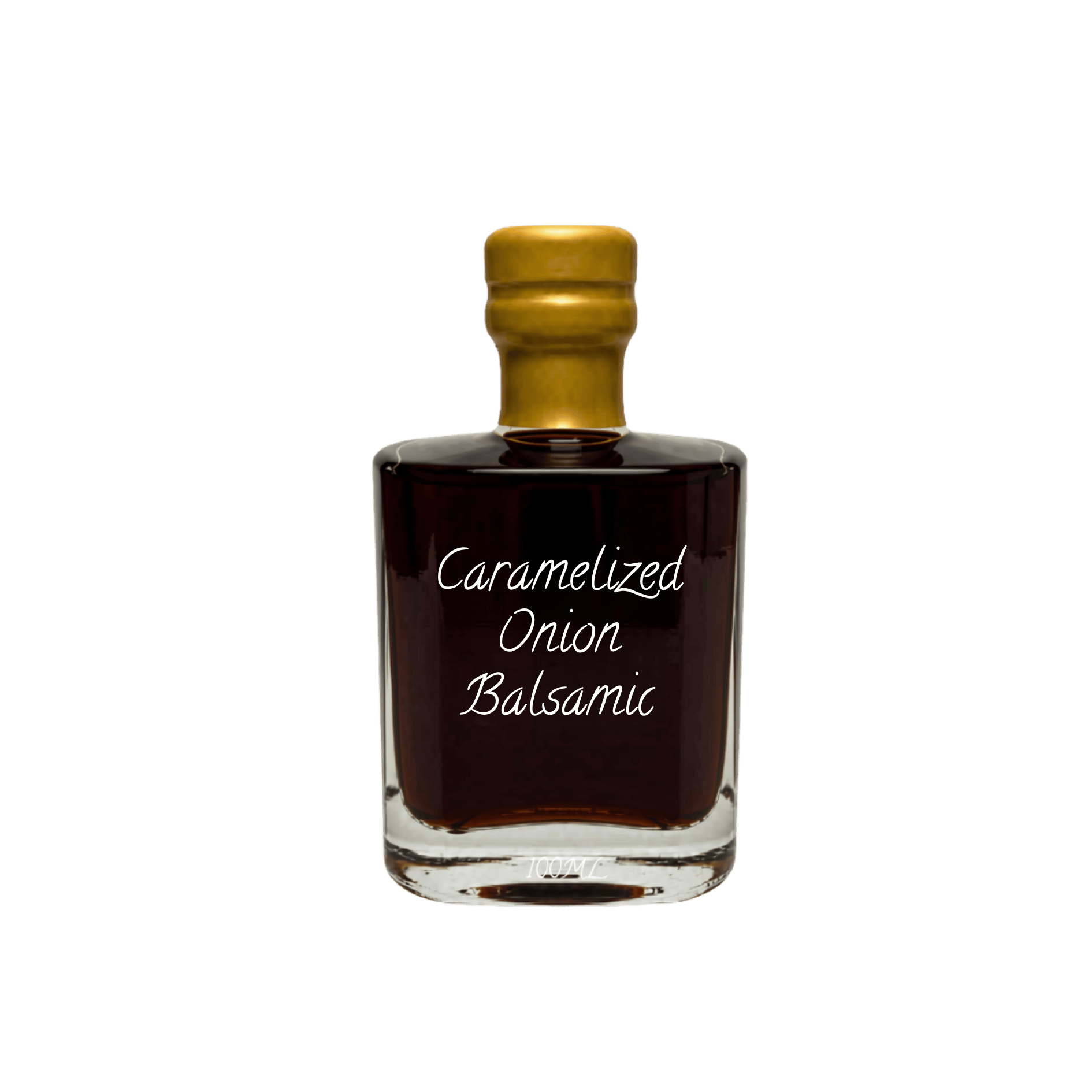 A small clear glass bottle filled with very dark brown balsamic, sealed with a gold cap, and labeled 'Caramelized Onion Balsamic' in white script, centered on a plain white background.