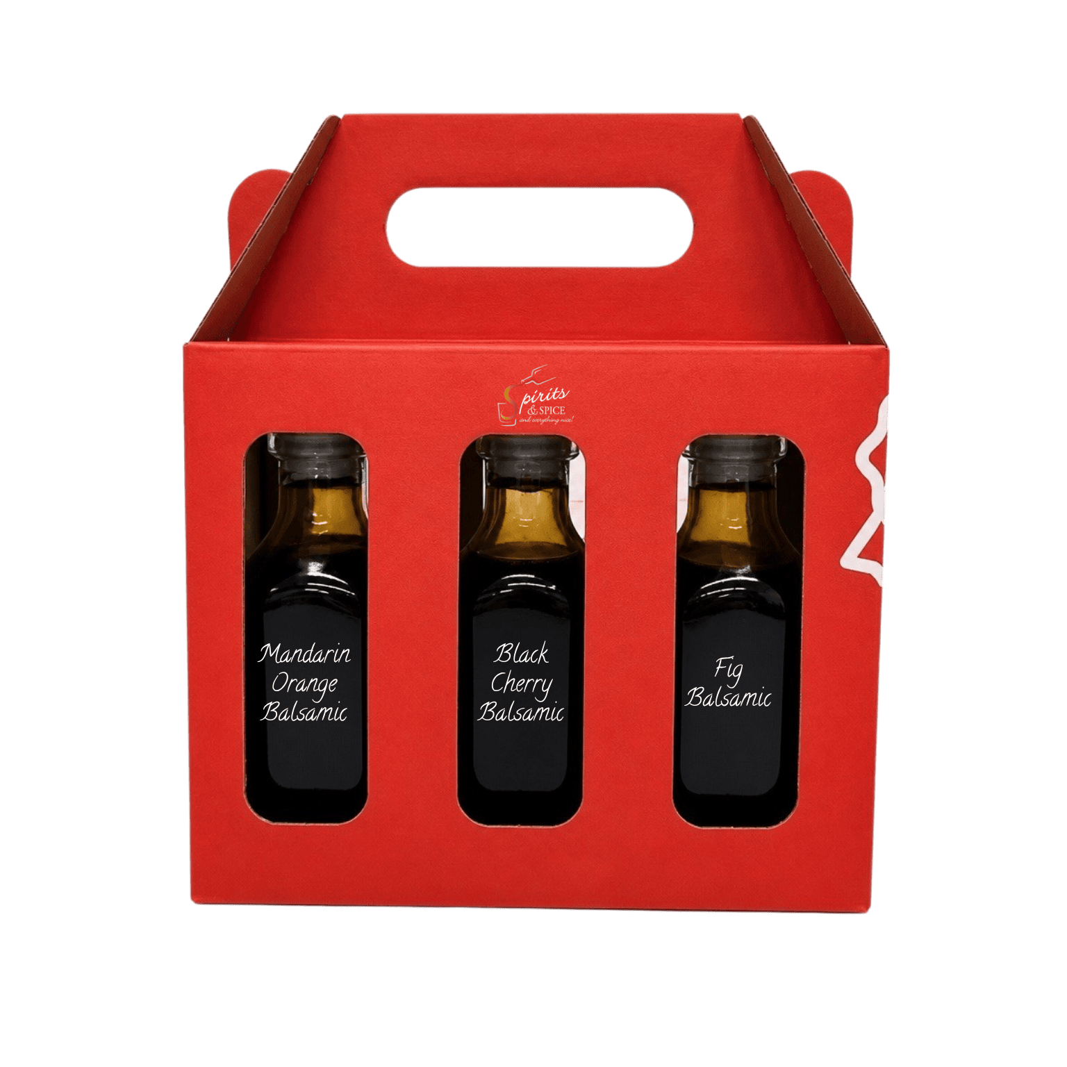 A red cardboard gift box with a handle, containing three small dark glass bottles of balsamic vinegar labeled Mandarin Orange Balsamic, Black Cherry Balsamic, and Fig Balsamic.