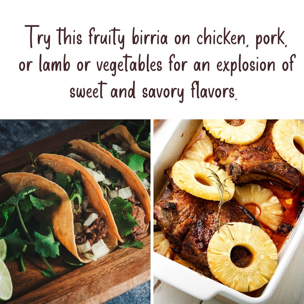 Birria dish with pineapple slices and tacos on a wooden board.