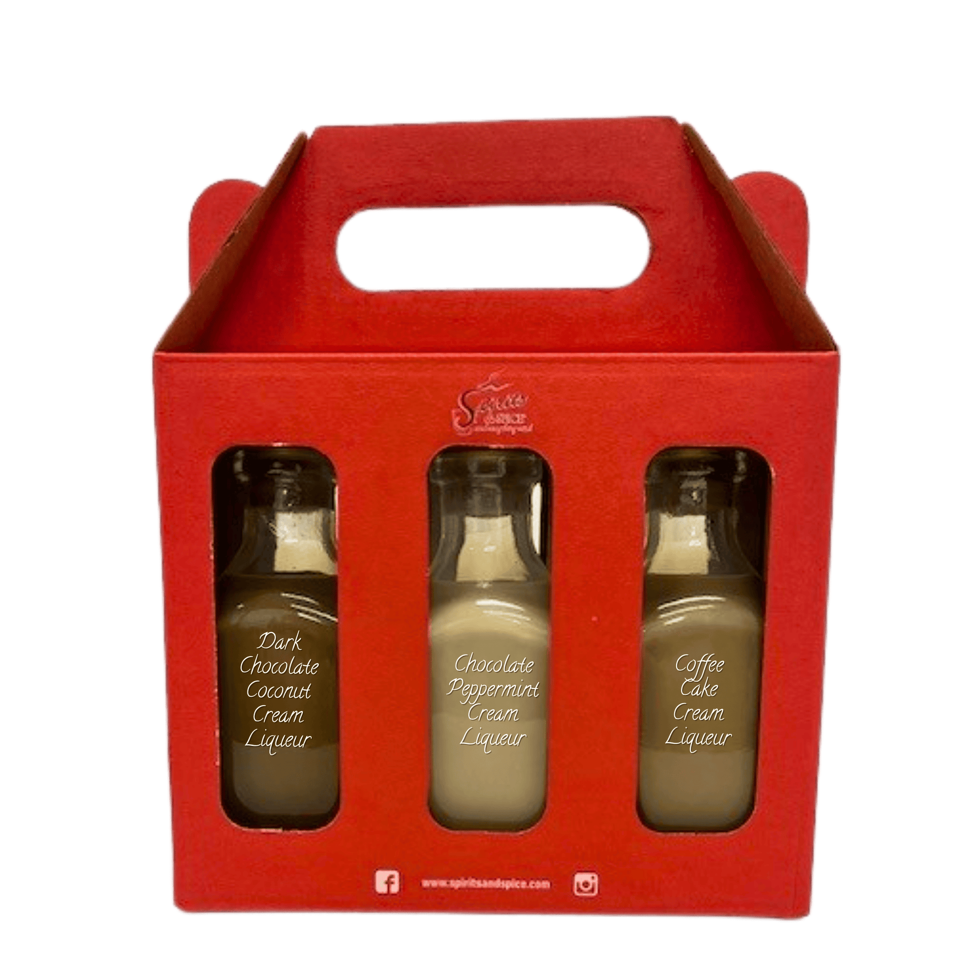 Three bottles of Dark Chocolate Coconut Cream Liqueur, Chocolate Peppermint Cream Liqueur, and Coffee Cake Cream Liqueur in a red packaging box. Mothers day liqueur gift.