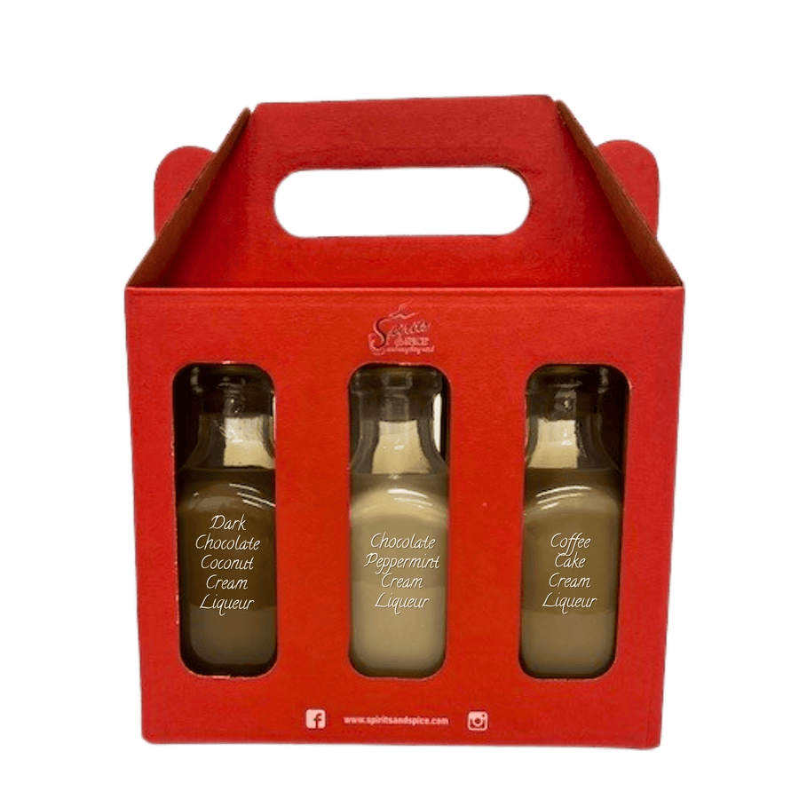 Three bottles of Dark Chocolate Coconut Cream Liqueur, Chocolate Peppermint Cream Liqueur, and Coffee Cake Cream Liqueur in a red packaging box. Mothers day liqueur gift.