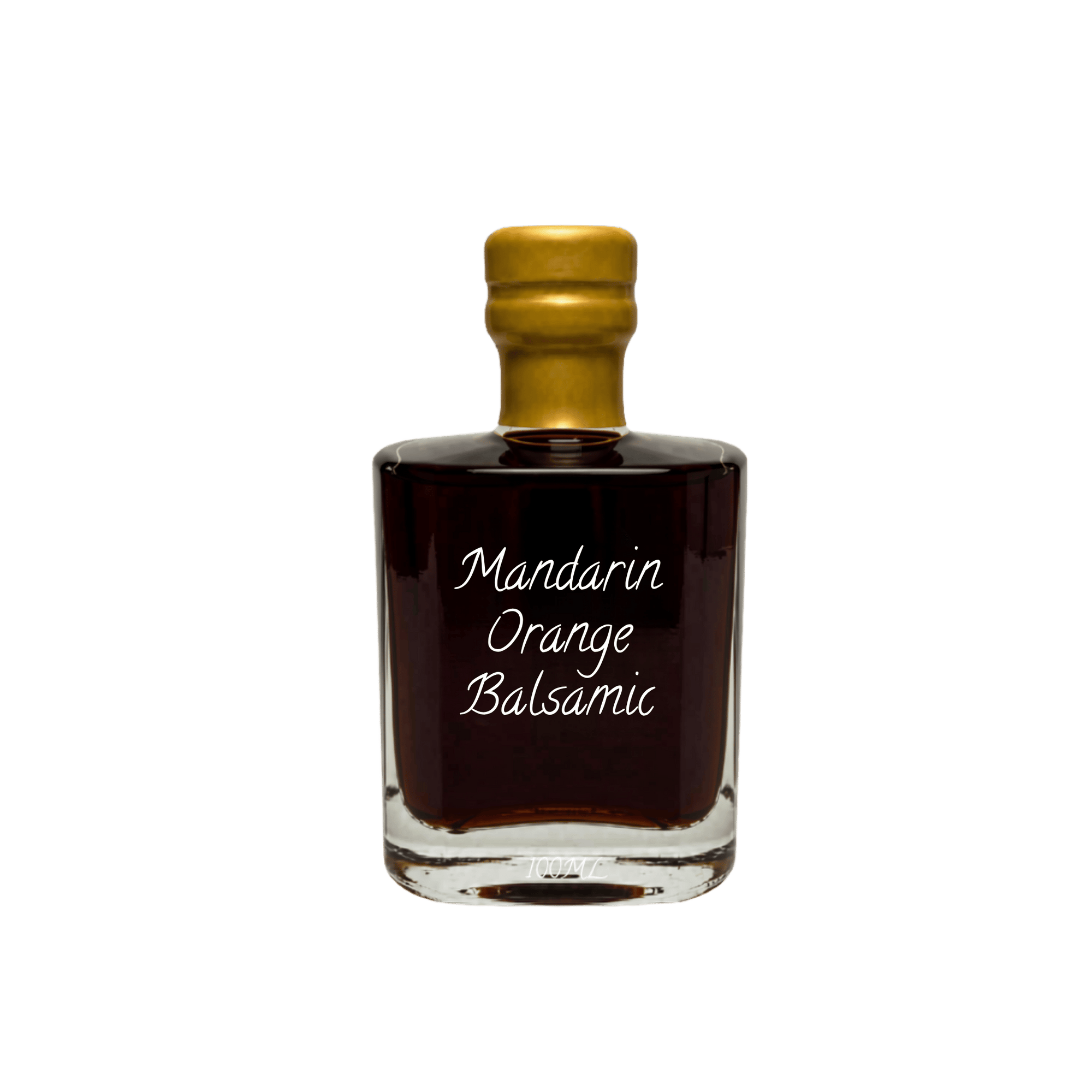 A small clear glass bottle of Mandarin Orange Balsamic with a gold cap and white script text on the front, shown on a plain white background.