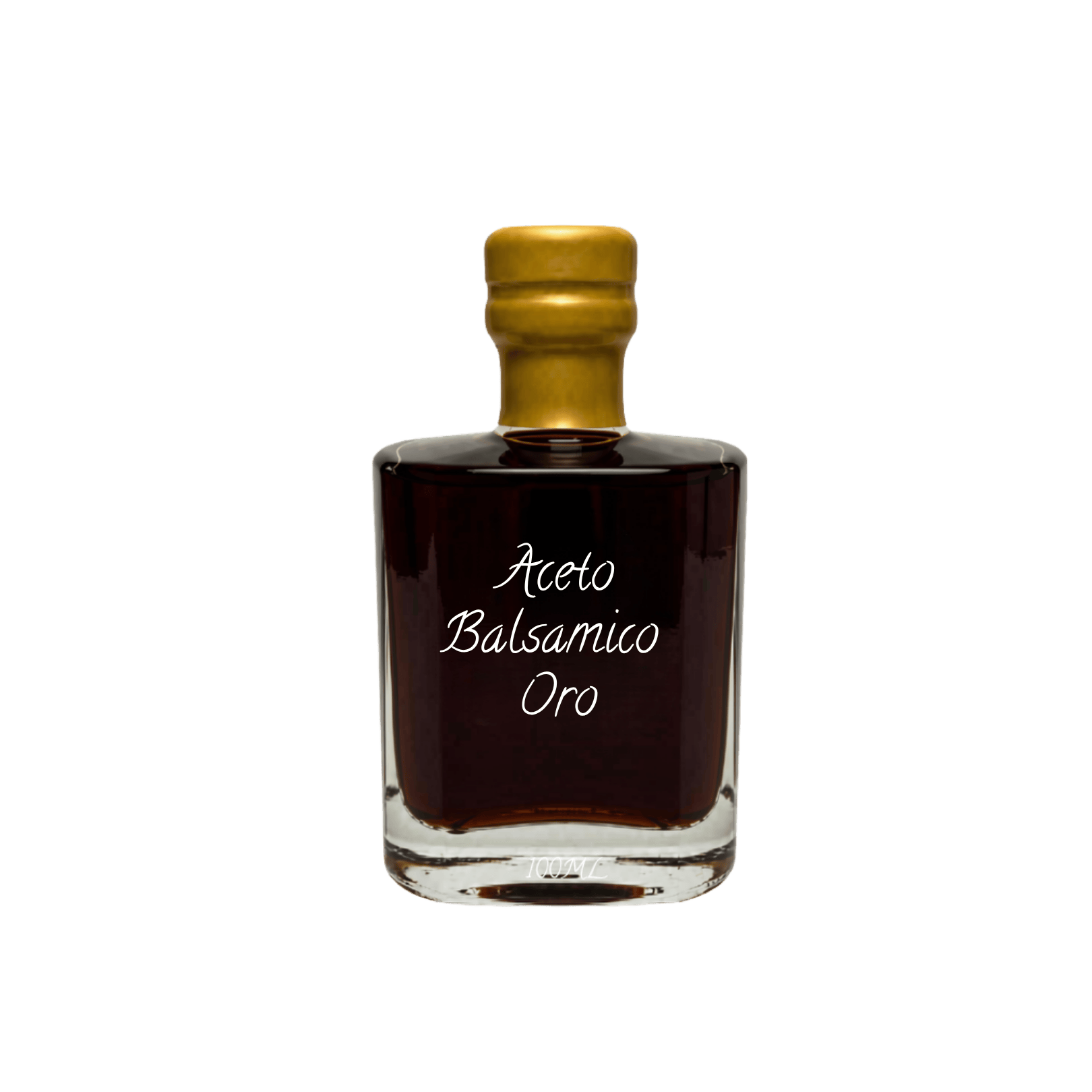 A small clear glass bottle filled with very dark amber liquid, sealed with a metallic gold cap, and labeled 'Aceto Balsamico Oro' in white script on the front, shown against a plain white background.