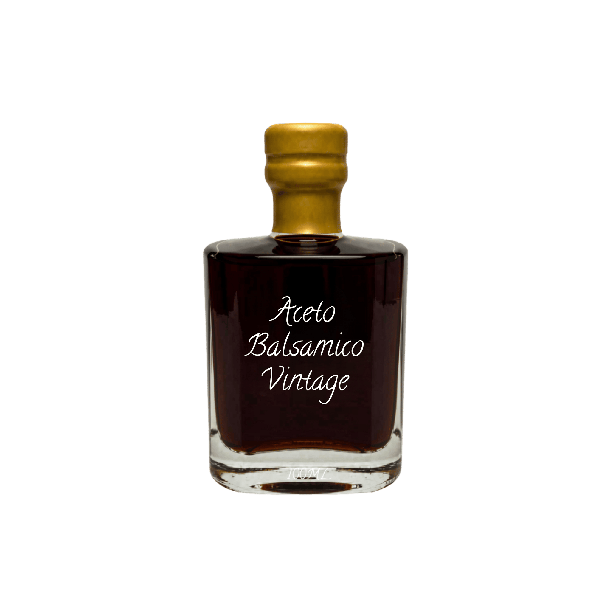 A square glass bottle of Aceto Balsamico Vintage with a gold foil-wrapped neck and a dark brown liquid inside, set against a plain white background.