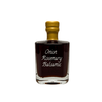 A small clear glass bottle of Onion Rosemary Balsamic with a gold foil-wrapped neck and white script text on the front, shown on a plain white background.