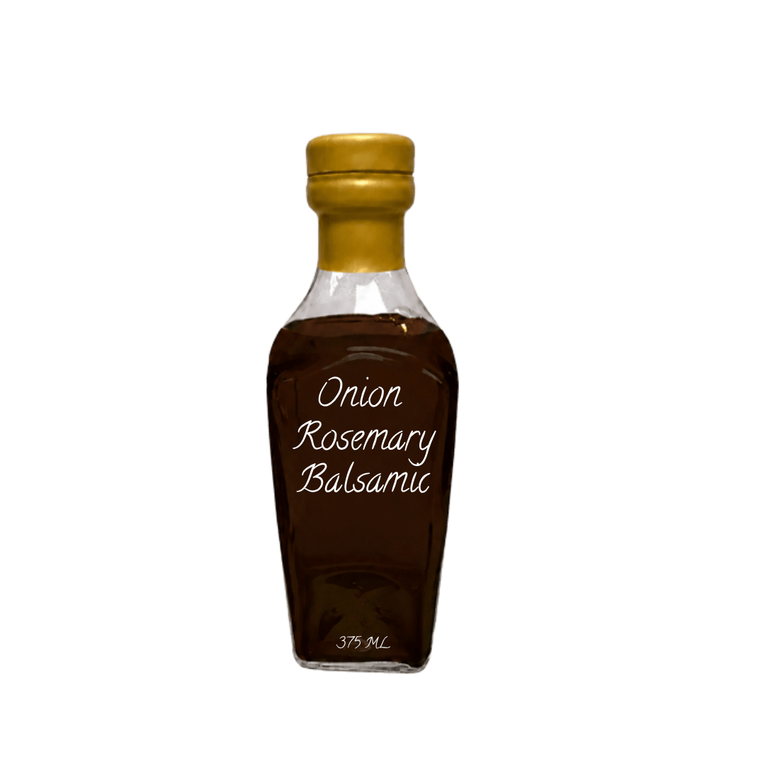 A small clear glass bottle of Onion Rosemary Balsamic with a gold cap, containing dark brown liquid, on a plain white background.