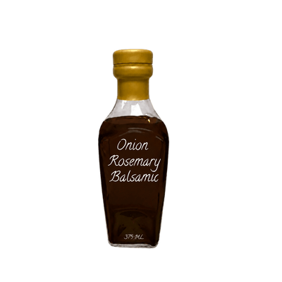 A small clear glass bottle of Onion Rosemary Balsamic with a gold cap, containing dark brown liquid, on a plain white background.