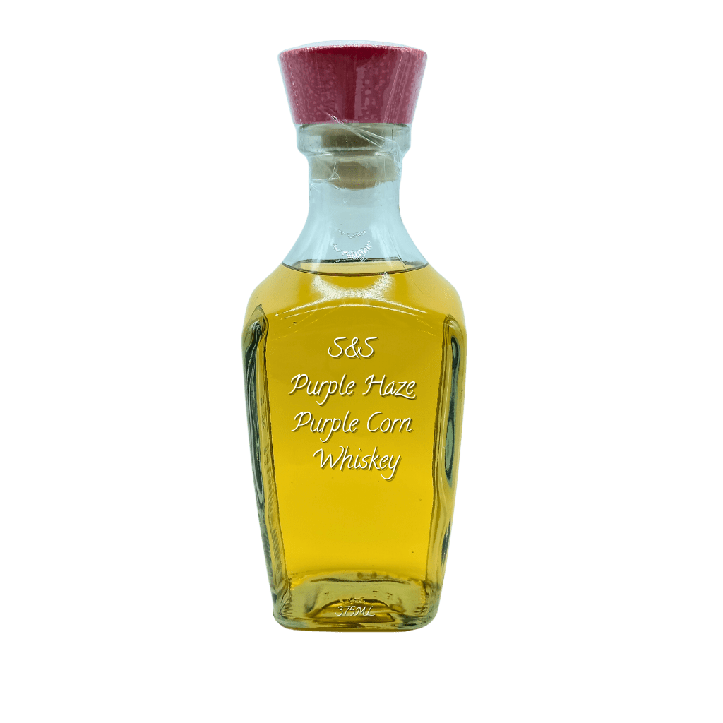 Bottle of S&S Purple Haze Purple Corn Whiskey on a white background