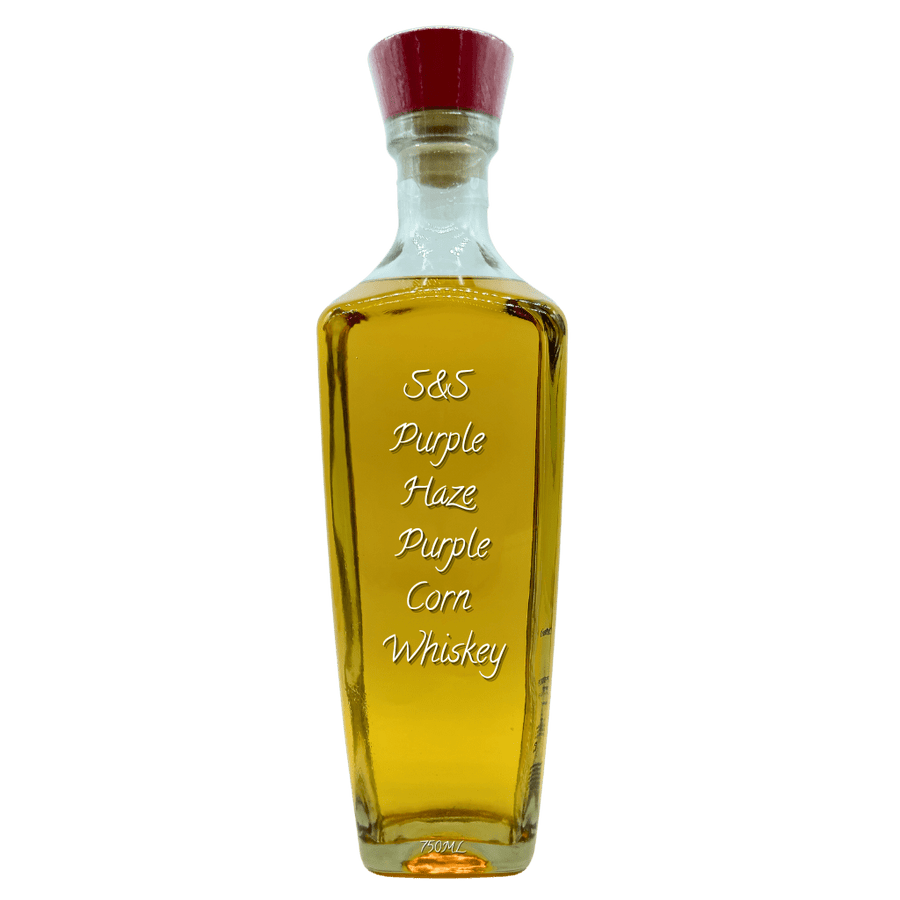 Bottle of S&S Purple Haze Purple Corn Whiskey on a white background