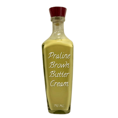 Bottle of Praline Brown Butter Cream with a red cap on a white background