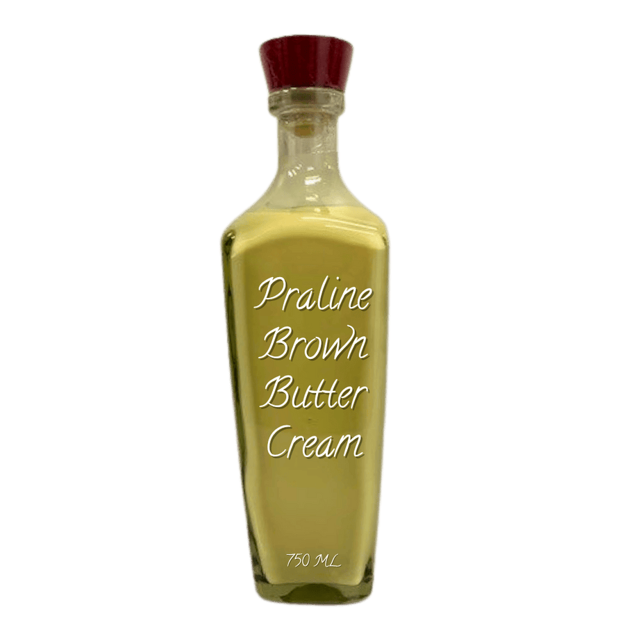 Bottle of Praline Brown Butter Cream with a red cap on a white background