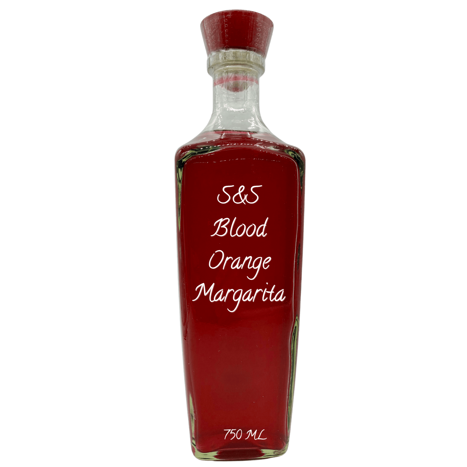 A clear glass bottle filled with a deep red-orange liquid, sealed with a red cap, and labeled 'S&S Blood Orange Margarita' on a plain white background.