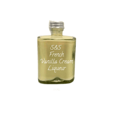 Bottle of S&S French Vanilla Cream Liqueur with a red cap on a white background. French Vanilla cream liqueur.