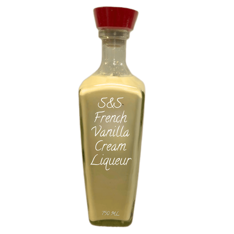 Bottle of S&S French Vanilla Cream Liqueur with a red cap on a white background. French Vanilla cream liqueur.