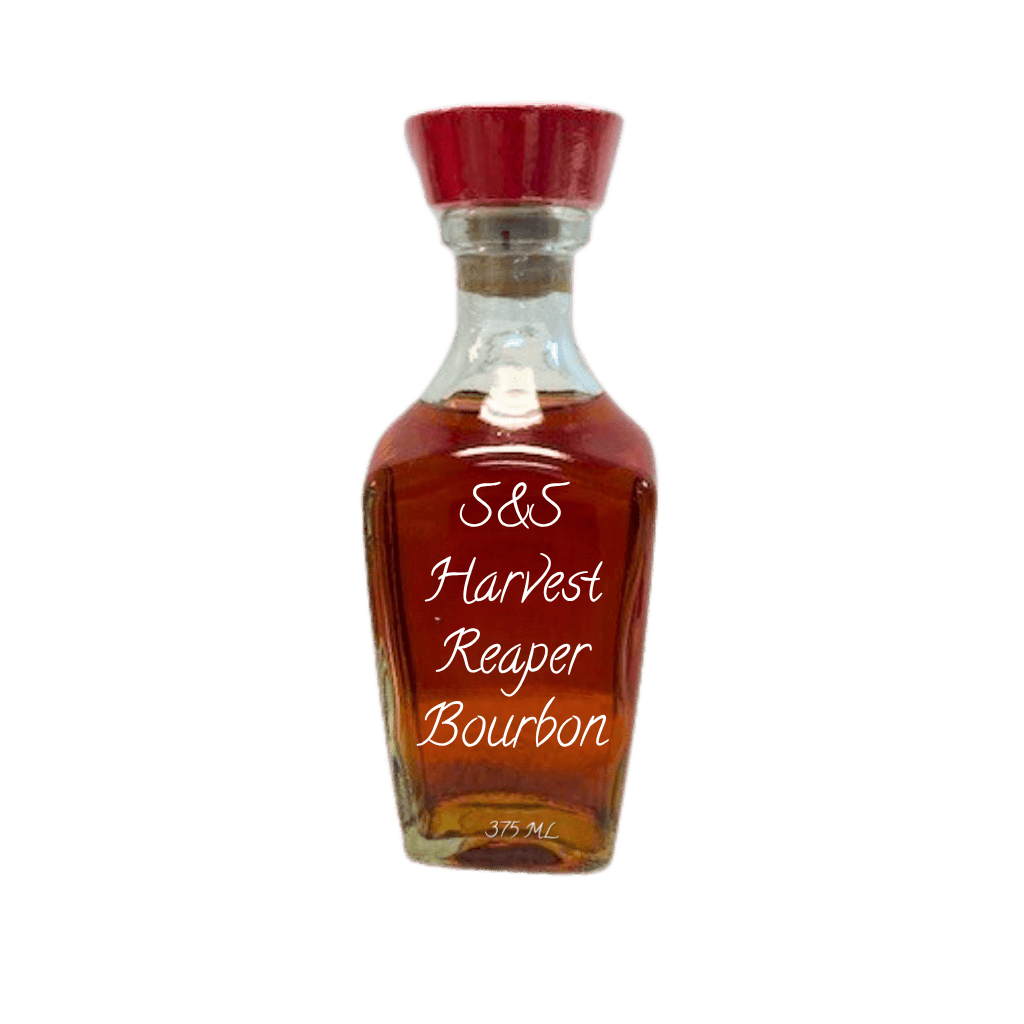 A small clear glass bottle filled with amber-brown bourbon, with a red cap, and white script text reading 'S&S Harvest Reaper Bourbon' on the front, shown on a plain white background.