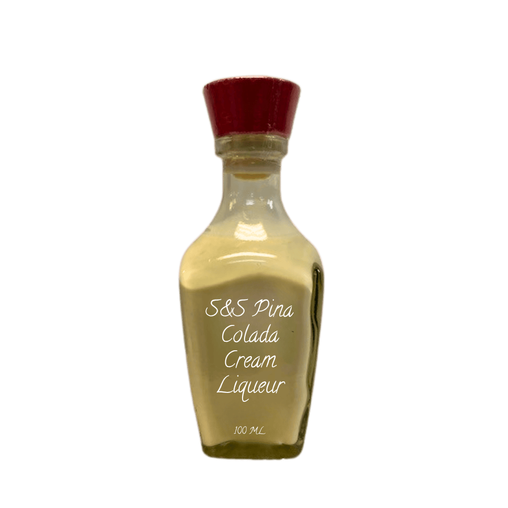 Bottle of S&S Pina Colada Cream Liqueur with a red cap on a white background. Bottle of S&S Pina Colada Cream Liqueur with a red cap on a white background. pina colada cream liqueur