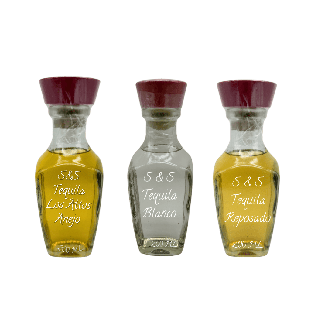 Three bottles of S&S Tequila on a white background. tequila gift set