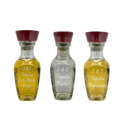 Three bottles of S&S Tequila on a white background. tequila gift set