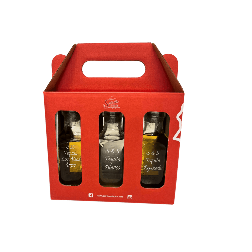 Red gift box with three tequila bottles inside on a white background