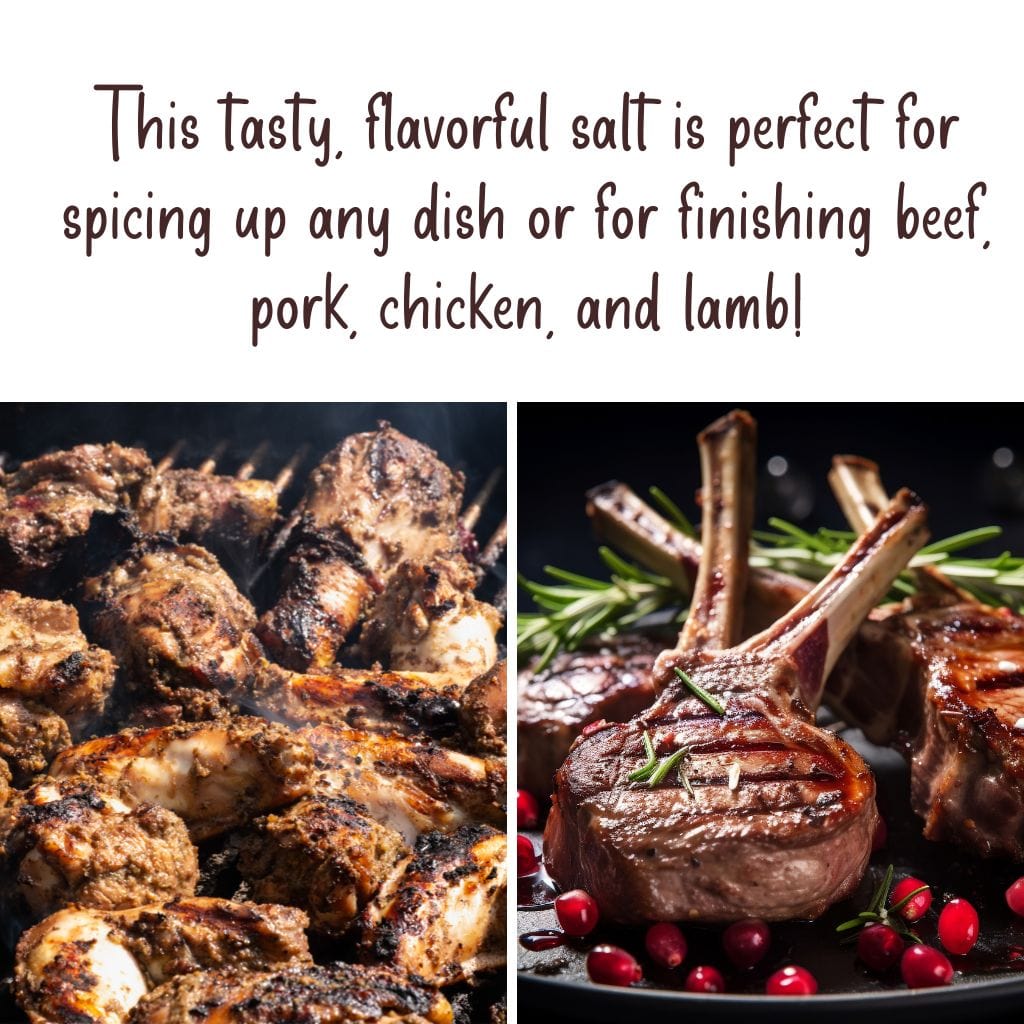 Grilled meats with text about flavorful salt for seasoning.