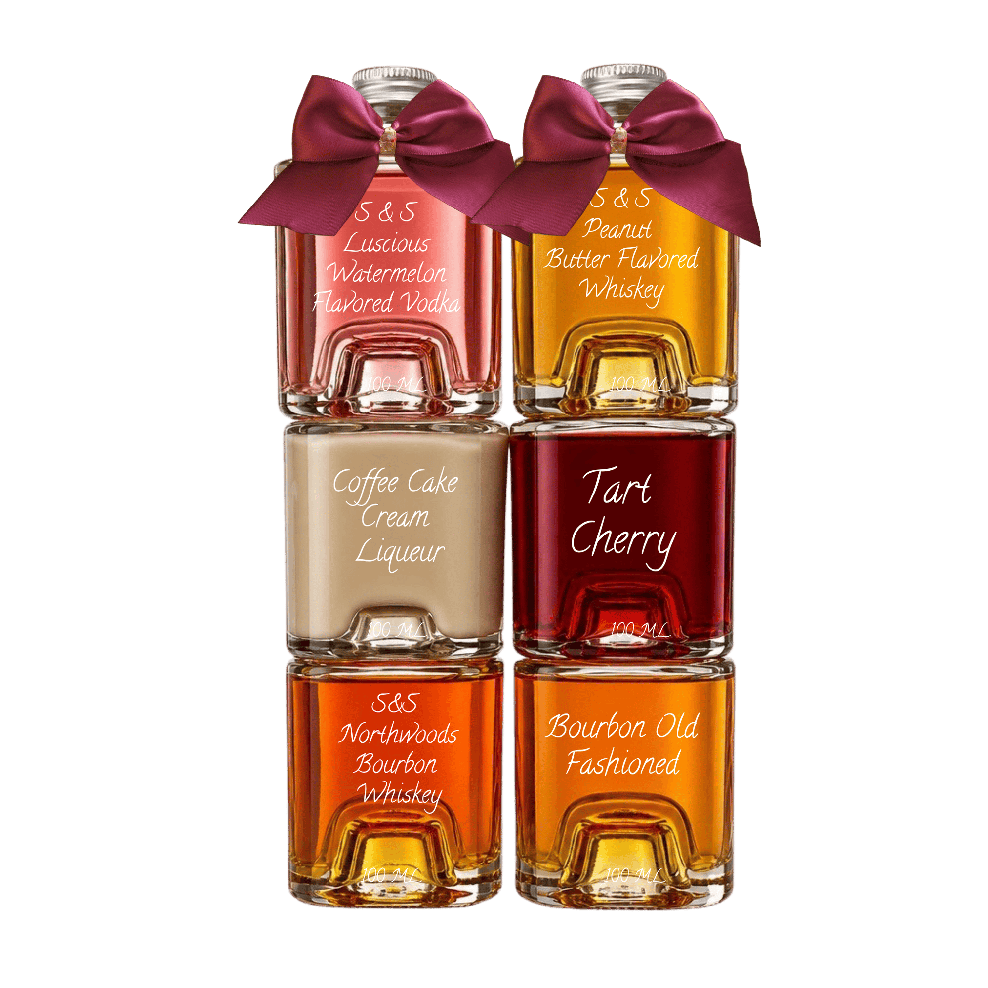 Six small glass bottles of whiskey liqueurs and flavored whiskey arranged in a 2x3 grid on a white background. Each bottle has a dark red ribbon bow on the neck.