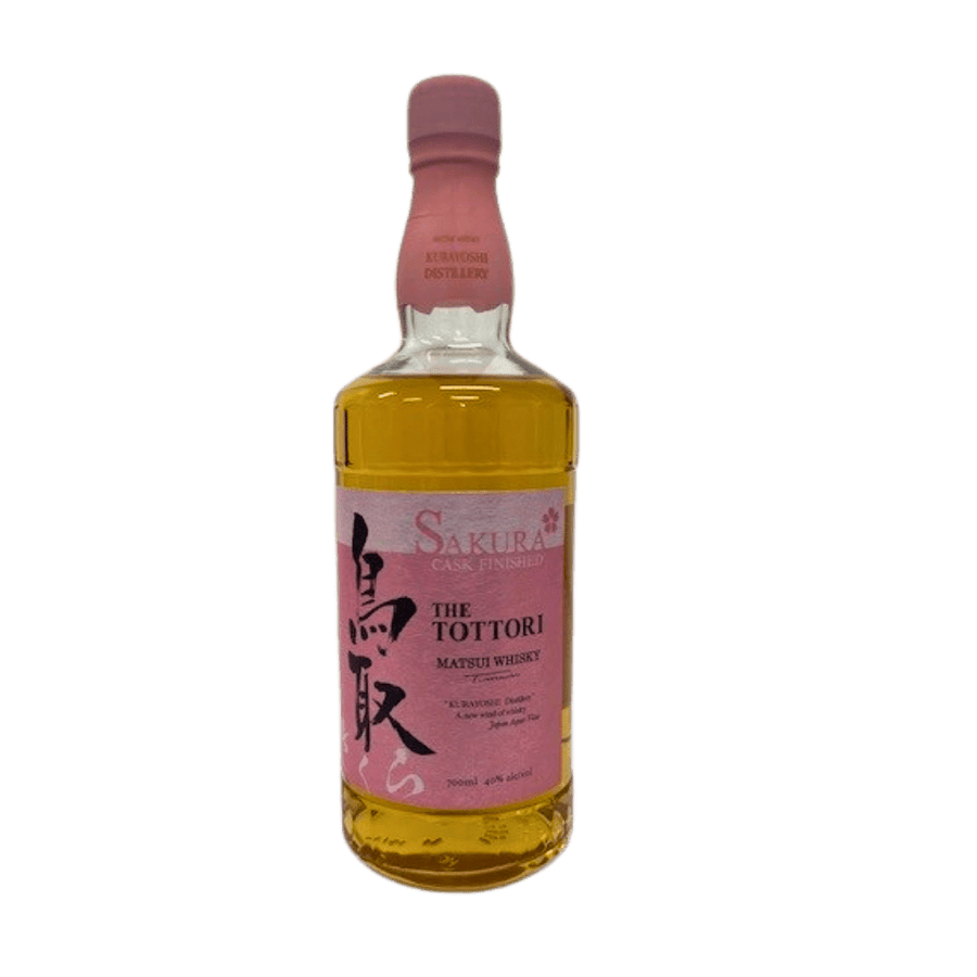 Bottle of Sakura The Tottori whisky with a pink label on a white background