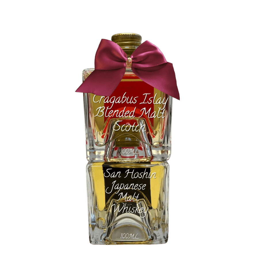 Two bottles of whiskey with a pink bow on a white background