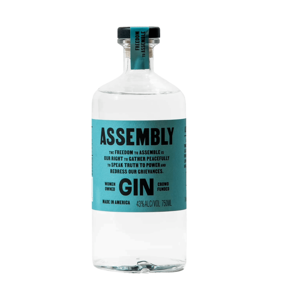 Bottle of Assembly Gin with a blue label on a green background