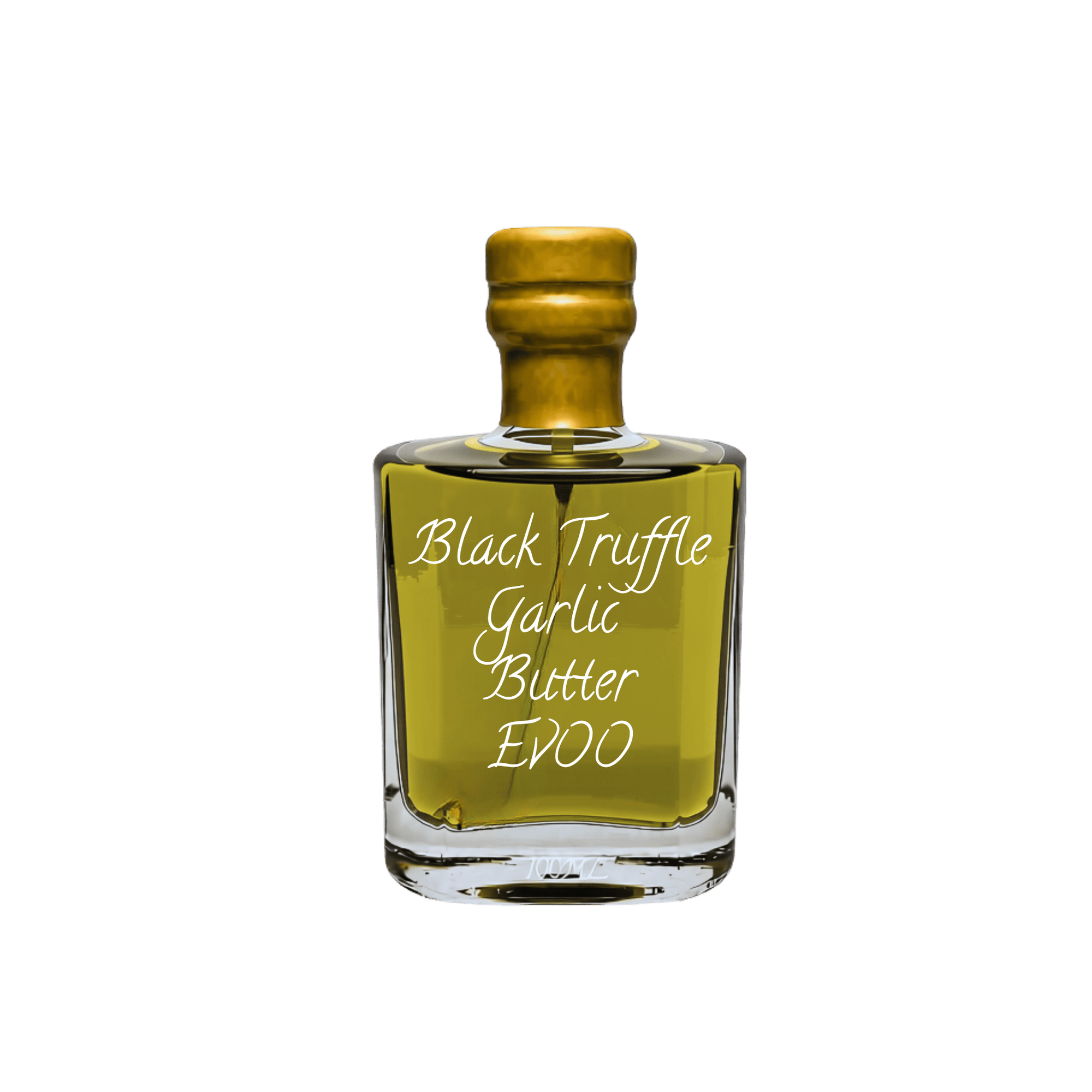 A square glass bottle of Black Truffle Garlic Butter Epoo with a gold foil cap, filled with golden-yellow butter, on a plain white background.