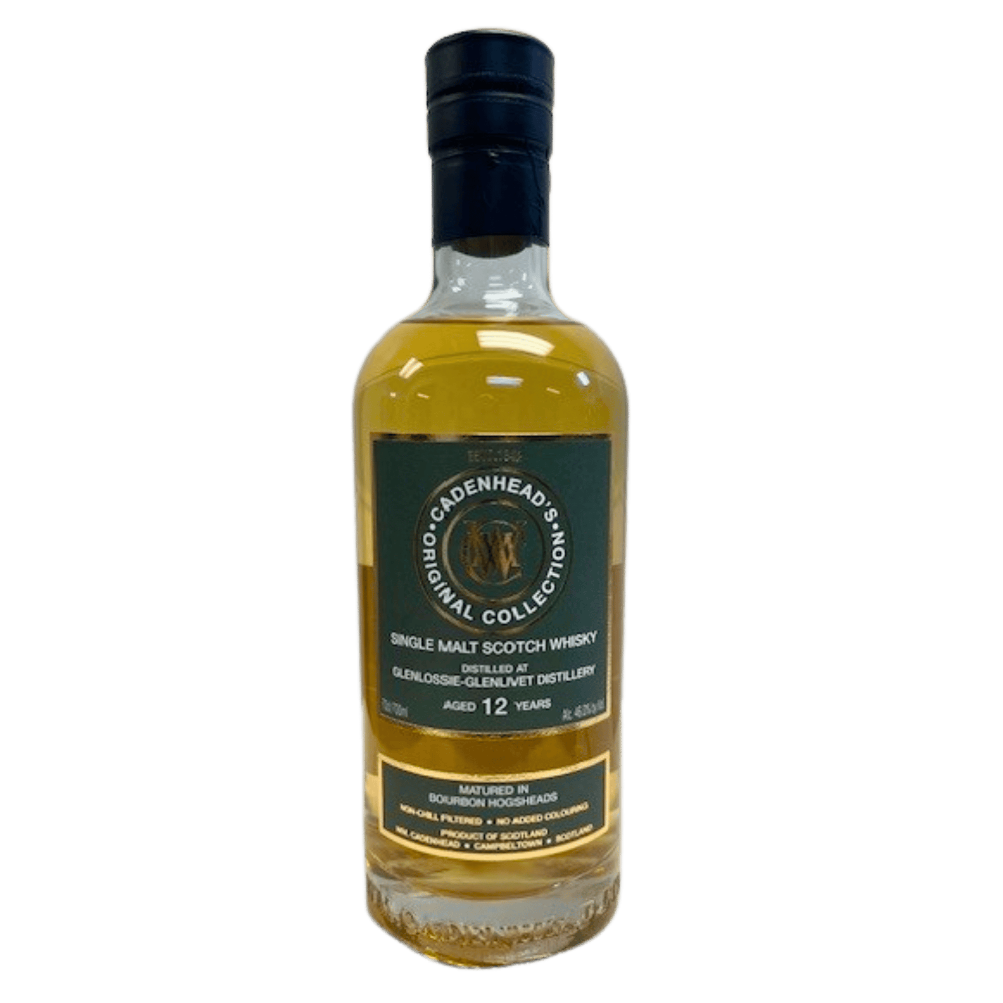 A bottle of McDadenhear Single Collection 12 Years Old Single Malt Scotch Whisky, showing the golden amber liquid inside a clear glass bottle with a dark green and gold label and a black cap, set against a plain white background.