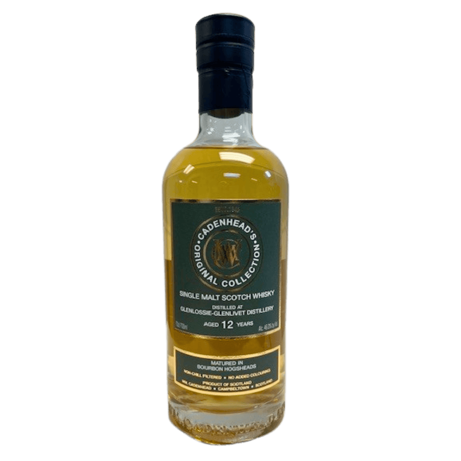A bottle of McDadenhear Single Collection 12 Years Old Single Malt Scotch Whisky, showing the golden amber liquid inside a clear glass bottle with a dark green and gold label and a black cap, set against a plain white background.