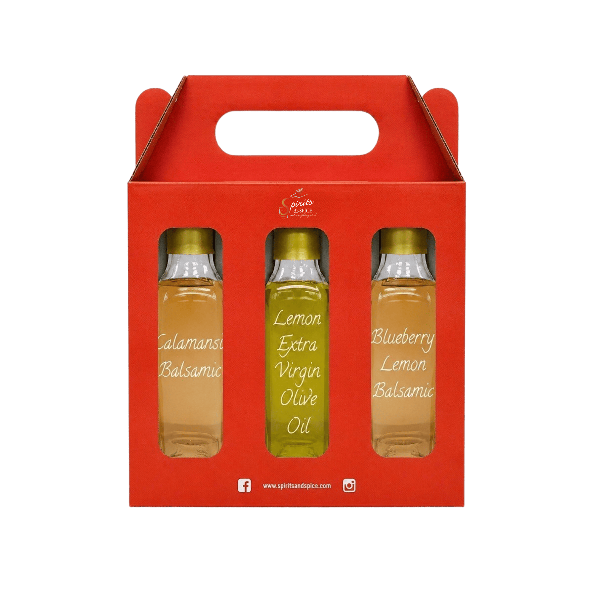 A red gift box with a handle containing three small glass bottles of oil. The center bottle is labeled 'Lemon Extra Virgin Olive Oil' and the side bottles are labeled 'Calamansi Balsamic' and 'Blueberry Lemon Balsamic'.