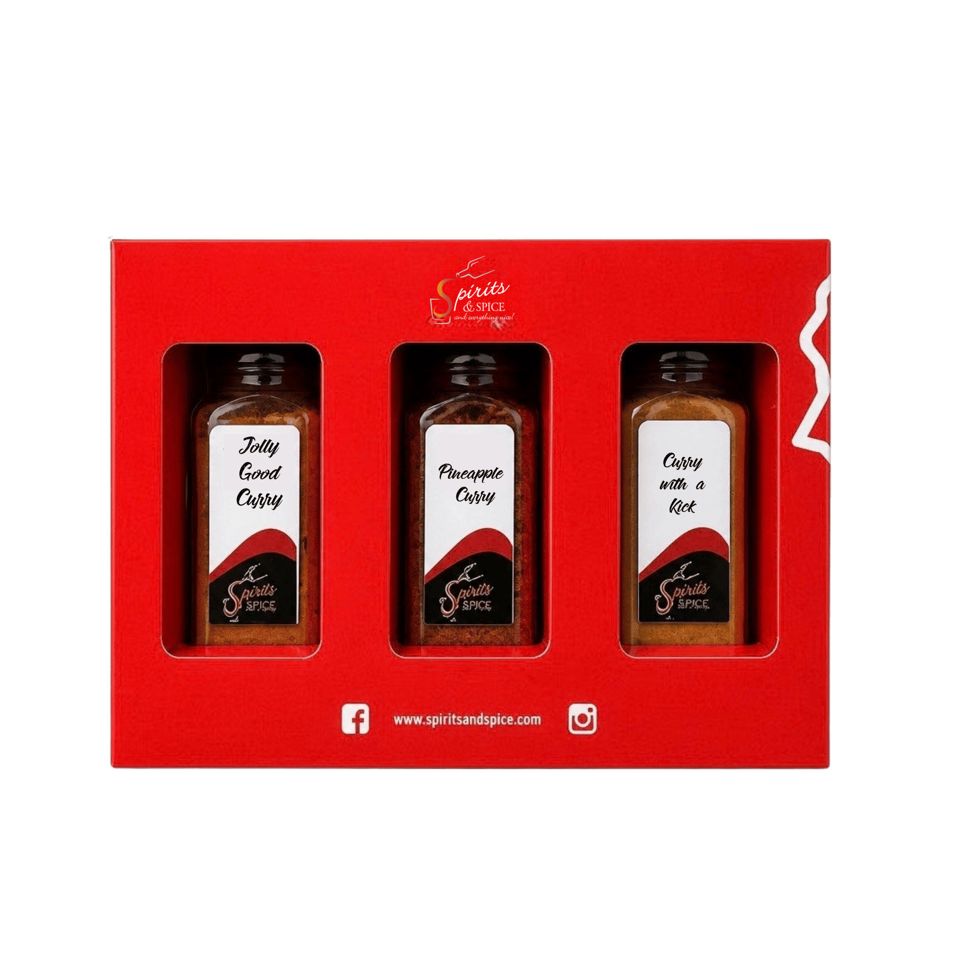 A red gift set box containing three small bottles of curry spices: Jolly Gold Curry, Phoenicope Curry, and Curry with a Root. The brand Spirit of Spice is visible on the bottles and box.