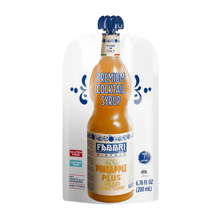 Bottle of Fabbri Pineapple Plus cocktail syrup on a white background