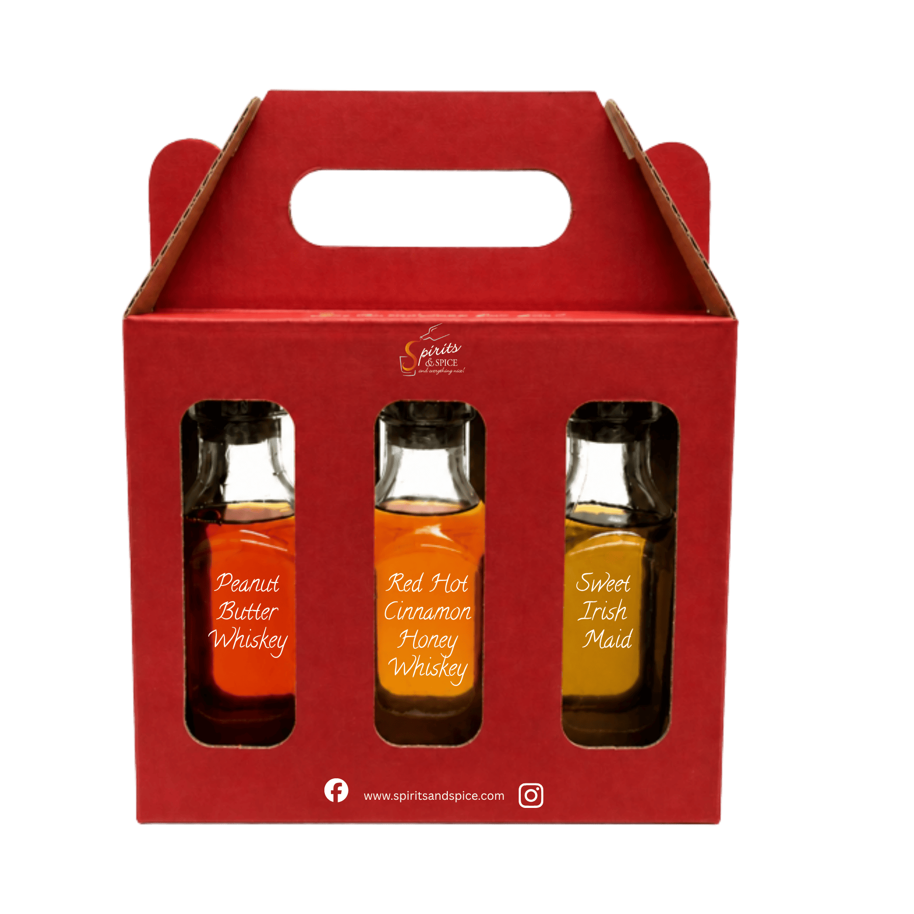 A red cardboard whiskey gift box with three glass bottles visible through front cutouts. The bottles are labeled Peanut Butter Whiskey, Red Hot Cinnamon Honey Whiskey, and Sweet Irish Maid.